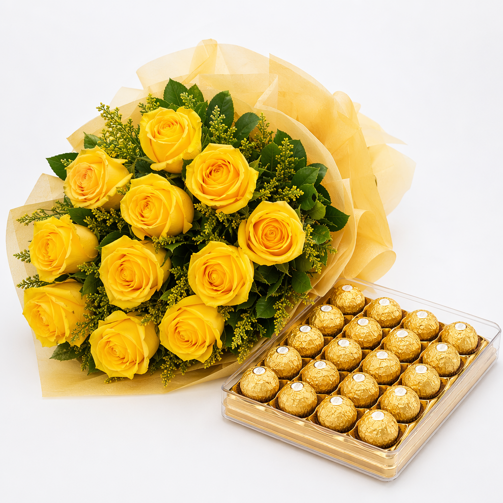 24 PCS FERRERO ROCHER AND YELLOW ROSES BOUQUET