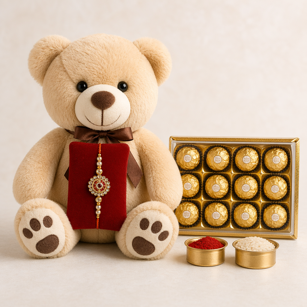 Rakhi Teddy with 16pc Ferrero Rocher Box